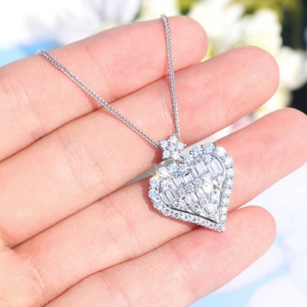 BAGUETTE STERLING SILVER DIAMOND HEART NECKLACE - Picture 3 of 6